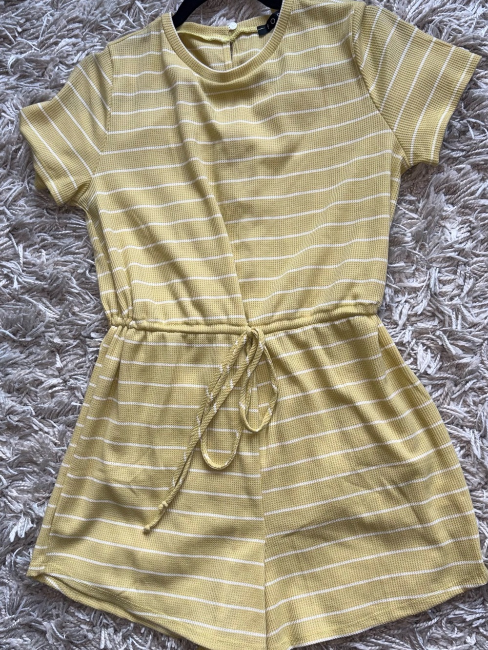 Yellow Striped Short-Sleeve Romper with Drawstring Waist